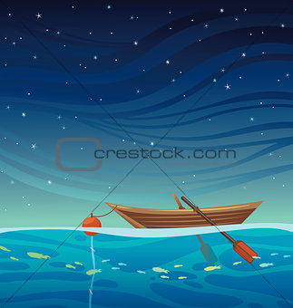 Wooden boat, blue sea and night sky.