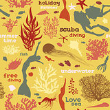 Seamless pattern with divers and corals.