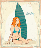 Woman and surfboard. Retro pin up card.