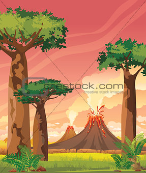 Prehistoric landscape - smoky volcanoes and baobabs.