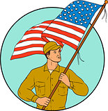 American Soldier Waving USA Flag Circle Drawing