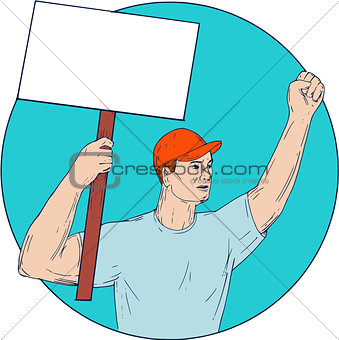 Union Worker Activist Placard Protesting Fist Up Circle Drawing