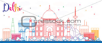 Outline Delhi Skyline with Color Buildings.