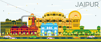 Jaipur Skyline with Color Buildings and Blue Sky.