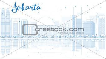 Outline Jakarta skyline with blue buildings and reflections.