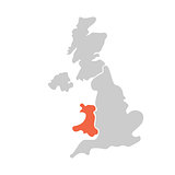 Simplified hand-drawn blank map of United Kingdom of Great Britain and Northern Ireland, UK. Divided to four countries with Wales red highlighted. Simple flat vector illustration