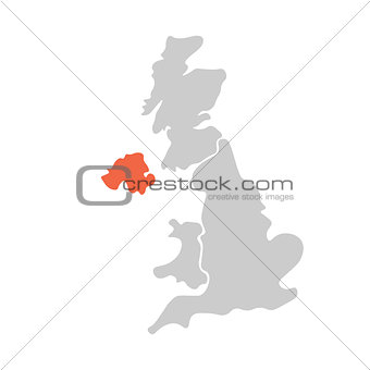 Simplified hand-drawn blank map of United Kingdom of Great Britain and Northern Ireland, UK. Divided to four countries with Northern Ireland red highlighted. Simple flat vector illustration