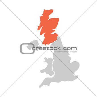 Simplified hand-drawn blank map of United Kingdom of Great Britain and Northern Ireland, UK. Divided to four countries with Scotland red highlighted. Simple flat vector illustration