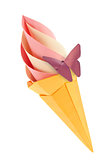 Fruit pink and vanilla ice-cream in waffle cone with purple butterfly.