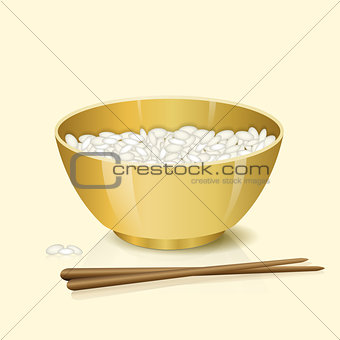 yellow bowl with rice and chopsticks