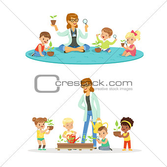 Teacher with kids learning about plants during biology lesson. Cartoon detailed colorful Illustrations isolated on white background
