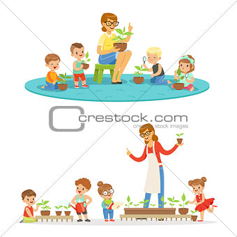 Biology lesson in kindergarten, children looking at plant seedlings. Cartoon detailed colorful Illustrations isolated on white background