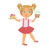 Little girl carring a piece of cake and a capcake in her hands, a colorful character