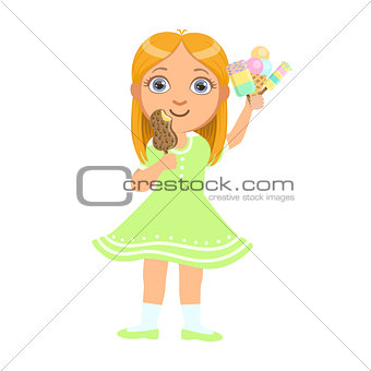 Pretty baby girl kid holding ice cream, a colorful character