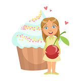 Happy young girl standing nearby a huge capkake and holding a cherry in her hands, a colorful character