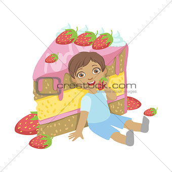 Cute little boy sitting near a big strawberry cake, a colorful character