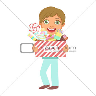Cute little boy carrying a box of sweets, a colorful character