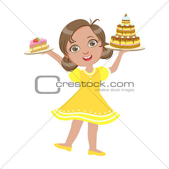 Happy girl standing with a birthday cake in her hand wearing a yellow dress, a colorful character