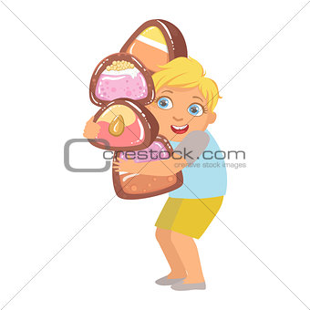 Little boy carrying big heavy candies, a colorful character