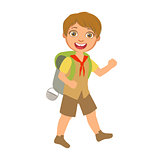 Smiling boy scout carrying a tourist backpack, a colorful character