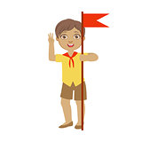 Cute boy scout carrying red flag, a colorful character