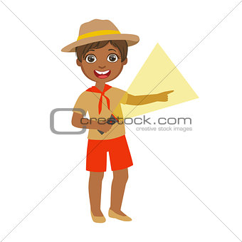 Young boy scout holding a flashlight, a colorful character