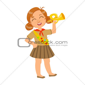 Little scout girl dressed in uniform and holding trumpet, a colorful character