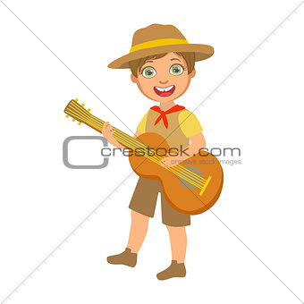 Happy boy scout with guitar, a colorful character