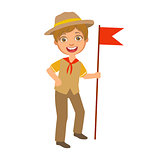Scout boy with red flag dressed in uniform, a colorful character