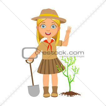 Cute scout girl with a shovel planting green tree, a colorful character