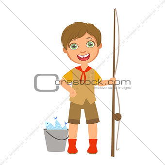 Happy boy scout with a fishing rod and bucket, a colorful character