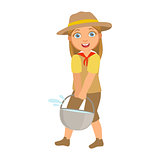 Scout girl dressed in uniform and holding tourist kettle, a colorful character