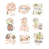 Spring, 1 May set for label design. Spring holidays, First May, International labor day vector Illustrations