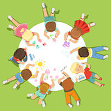 Lying little children painting on a big round paper. Cartoon detailed colorful Illustration