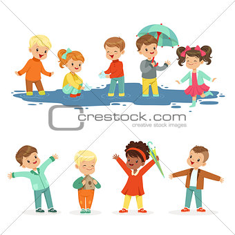 Smiling little kids playing on puddles, set for label design. Active leisure for children. Cartoon detailed colorful Illustrations