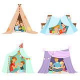 Cute little children playing with a teepee tent, set for label design. Cartoon detailed colorful Illustrations