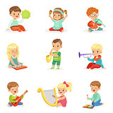 Little kids sitting and playing musical instrument, set for label design . Cartoon detailed colorful Illustrations