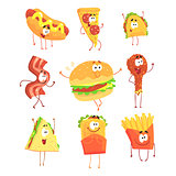 Funny fast food, set for label design. Cartoon detailed Illustrations isolated