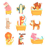 Cute animals bathing and washing in water, set for label design. Hygiene and care, cartoon detailed Illustrations