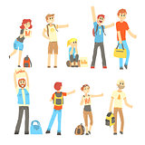 Hitchhiker standing with backpack and bag, set for label design. Cartoon detailed colorful Illustrations