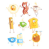Funny fast food, set for label design. Breakfast products standing and smiling. Cartoon detailed Illustrations