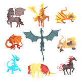 Mythical and fantastic creatures, set for label design. Cartoon detailed Illustrations