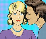Man and woman whisper pop art vector illustration