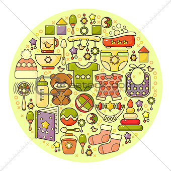 Vector  cute colorful baby icon. Circle background.