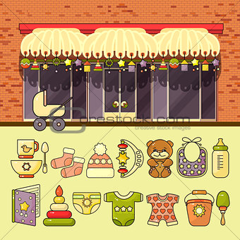 Vector illustration of cute colorful baby icon and shop facade.