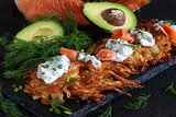 Latkes with cream cheese and salmon