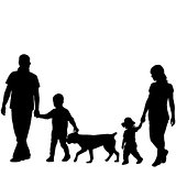 Family silhouettes with two children and dog