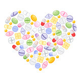 Different colorful medical pills capsules and tablets in heart. Medications collection. vector illustration in flat style.