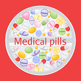 Tablet design of different colorful pills.Medicine painkiller pills, pharmaceutical antibiotics drugs vector. Set of color pills, illustration of antibiotic and vitamin pill. vector illustration