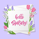 Hello spring lettering. Spring flowers on white paper background with seasonal spring text. Vector illustration.